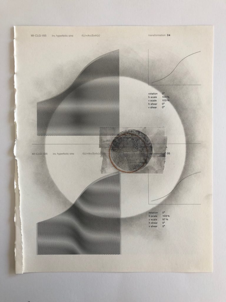 Collage on moire with graphite and/or colored pencil, and/or watercolor, and/or scotch tape. 2020.