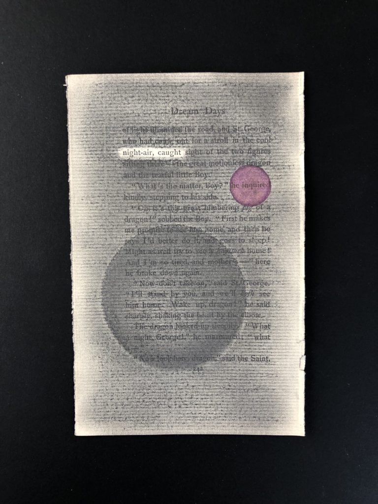 Collage on book pages with graphite and/or colored pencil, and/or watercolor, and/or scotch tape. 2020.