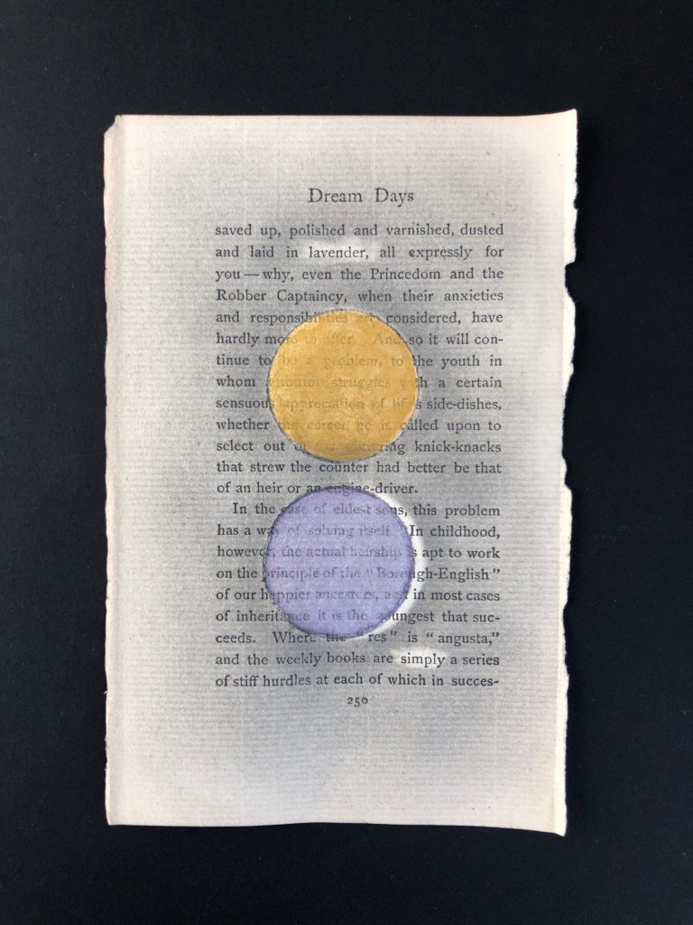 Watercolor, colored pencil, graphite, scotch tape on pages of Kenneth Grahame’s Dream Days (first published in 1898), 4.5” x  6.5,” 2020. 