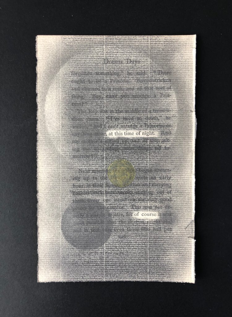 Collage on book pages with graphite and/or colored pencil, and/or watercolor, and/or scotch tape. 2020.