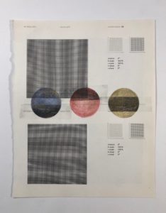 Collage on moire with graphite and/or colored pencil, and/or watercolor, and/or scotch tape. 2020.