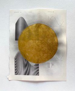 Collage on moire with graphite and/or colored pencil, and/or watercolor, and/or scotch tape. 2020.